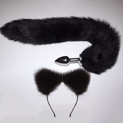 Anal plug + tail + lubricant + headband (small) black