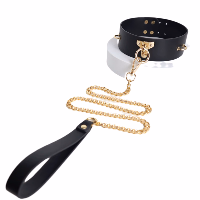 Black collar with gold chain traction