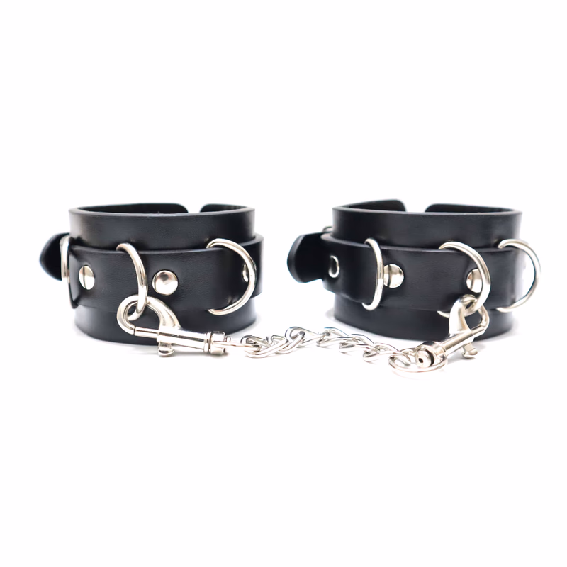 Black leather handcuffs with metal chains