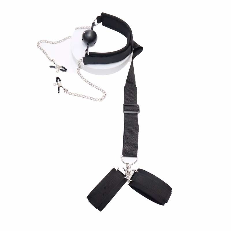 Gag, handcuffs with chain