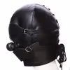 Black leather + blindfold, gag, gag, head restraint