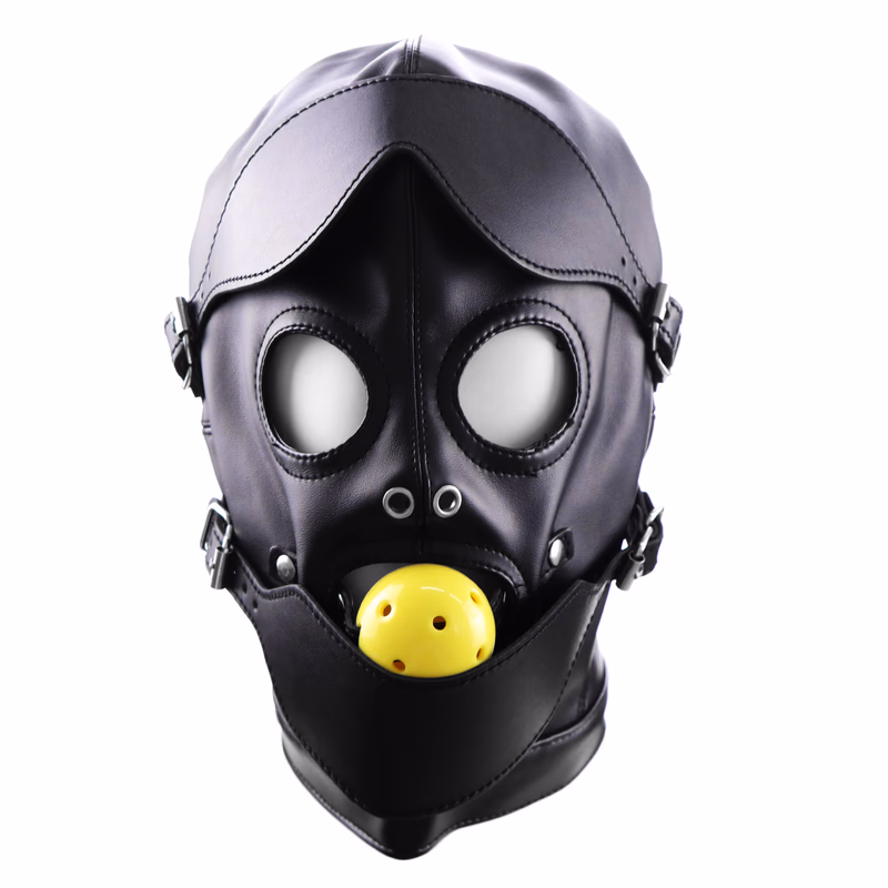 Blindfold, mouth, yellow hollow gag, black restraint hood