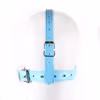 The toilet seat cover, shaped like a horse harness, is sky blue.