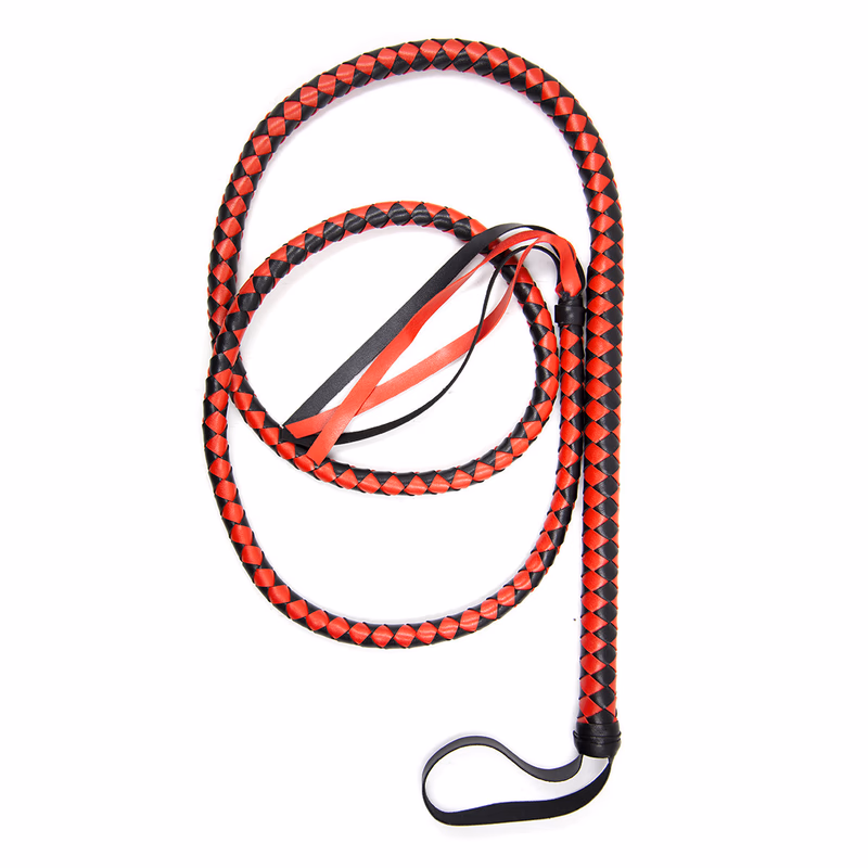 A 1.9-meter-long black and red leather whip