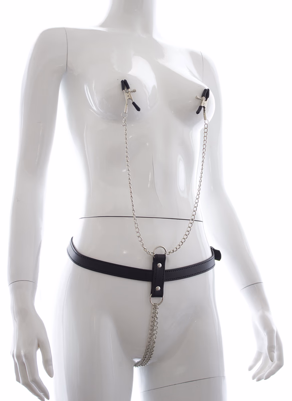 Black leather chain panties with nipple clamps
