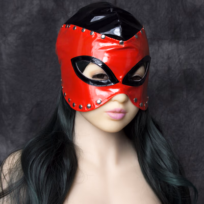 Black and red rivets reveal shiny leather head