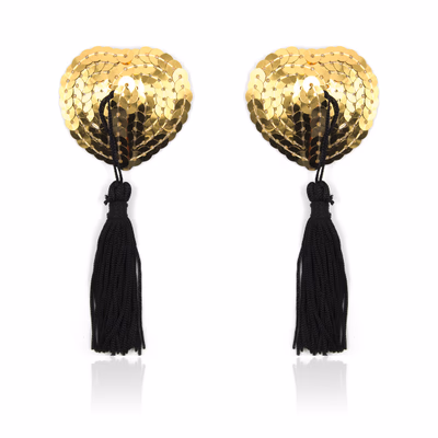 Tassel heart-shaped nipple covers with sequins, gold and black tassels