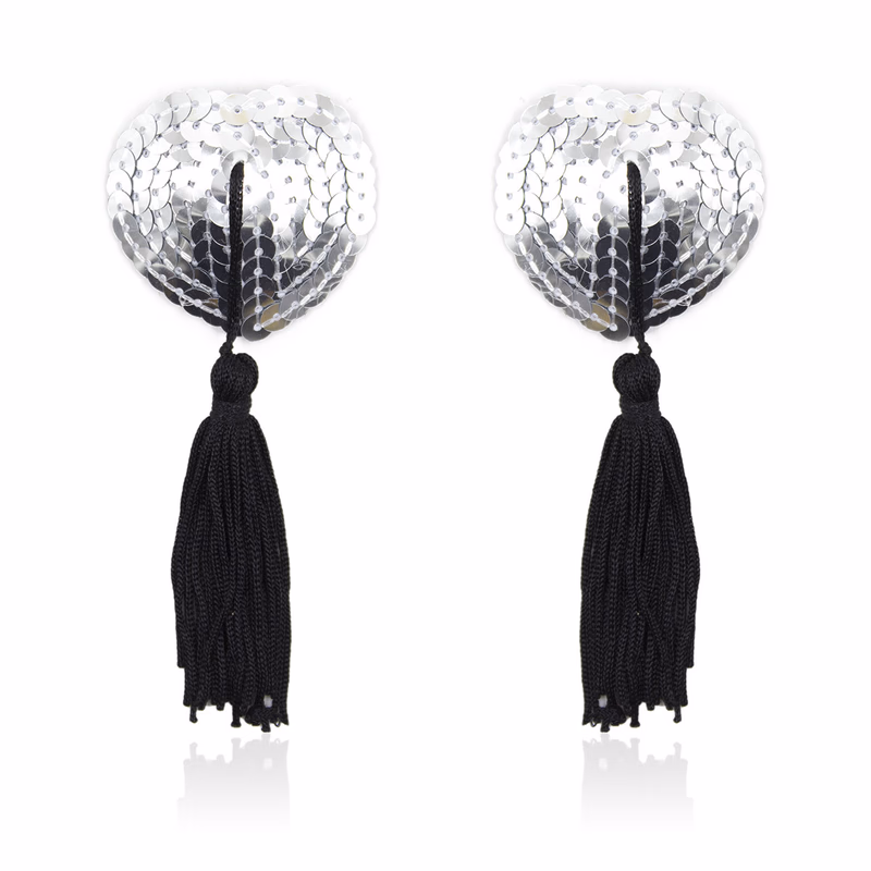 Tassel heart-shaped nipple covers with sequins, silver + black tassels