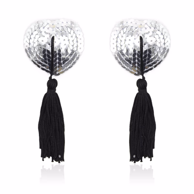 Tassel heart-shaped nipple covers with sequins, silver + black tassels