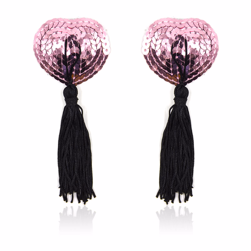 Tassel heart-shaped nipple covers with sequins, pink and black tassels