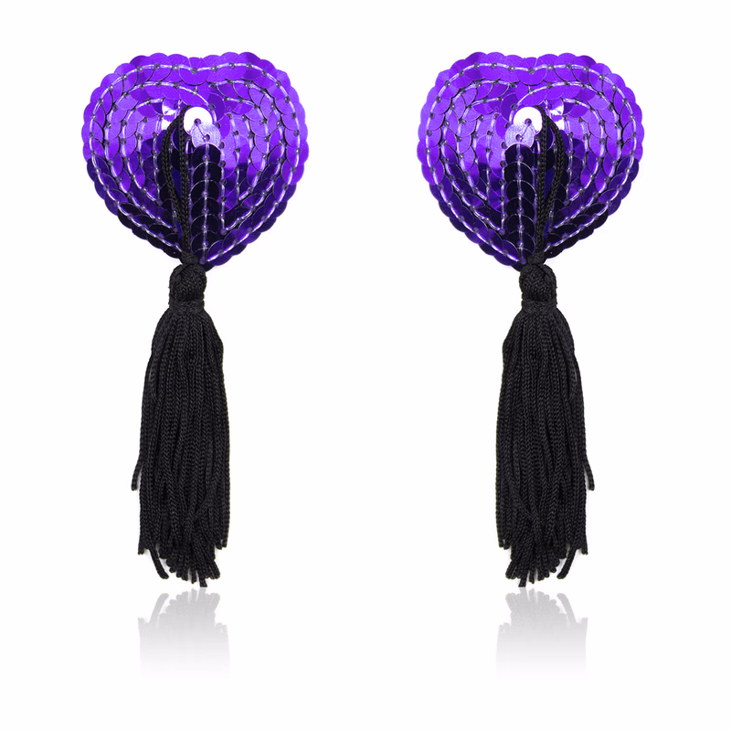 Tassel heart-shaped nipple covers with sequins, purple and black tassels