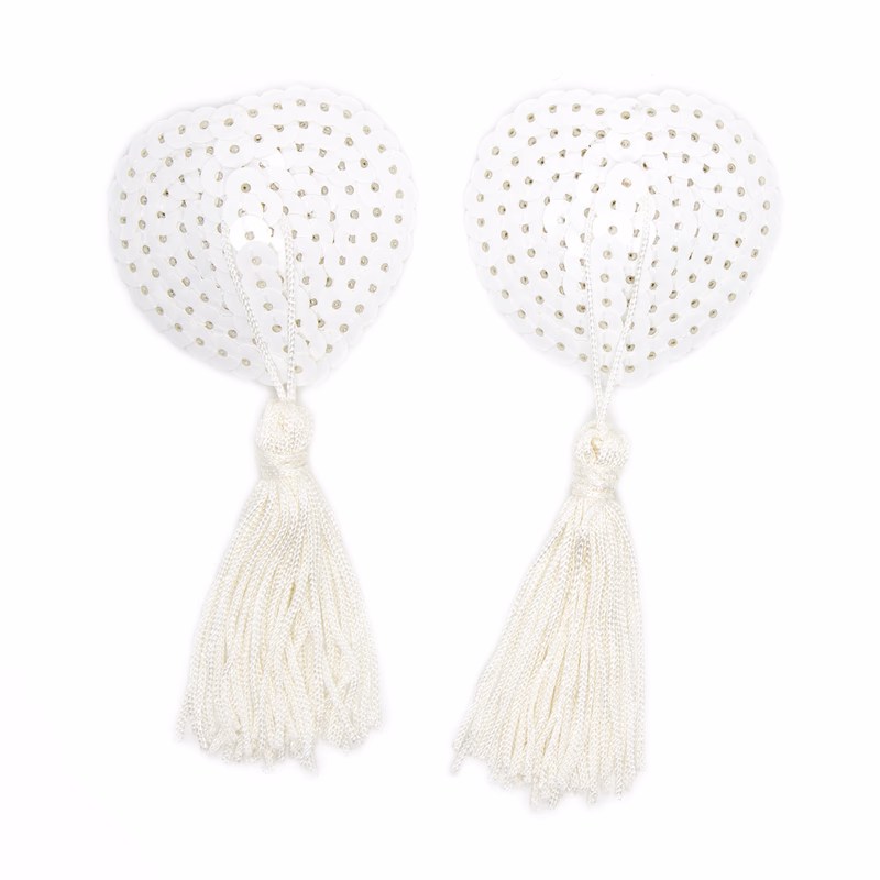 Tassel-shaped nipple covers with sequins, all white