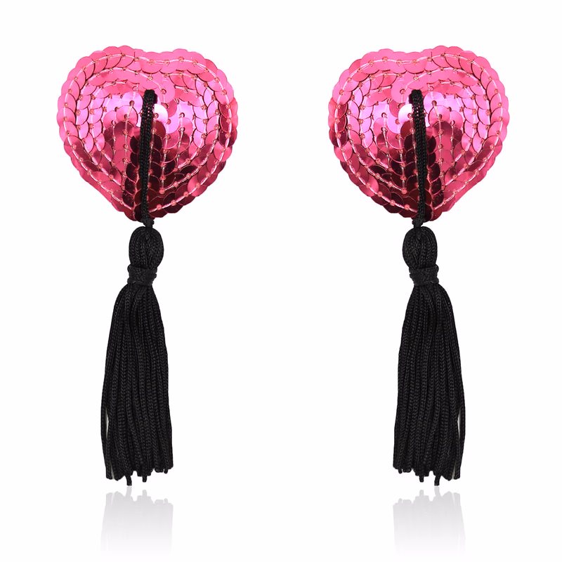 Tassel heart-shaped nipple covers with sequins, fuchsia-black tassels