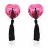 Tassel heart-shaped nipple covers with sequins, fuchsia-black tassels