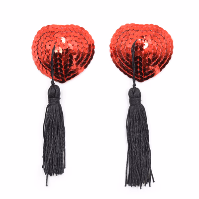 Tassel heart-shaped nipple covers with sequins, red and black tassels