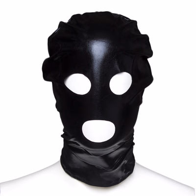 Black patent leather elastic balaclava with leaky mouth and eyes