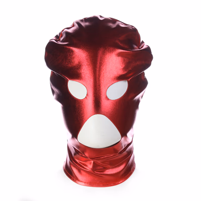 Red patent leather elastic headgear with exposed nose and eyes
