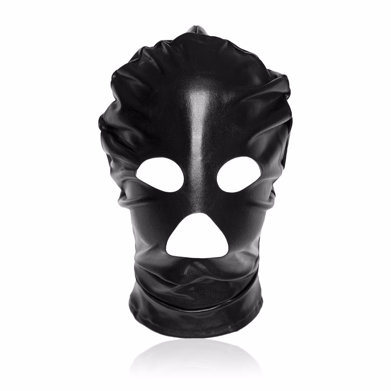 Black patent leather elastic headgear with exposed nose and eyes