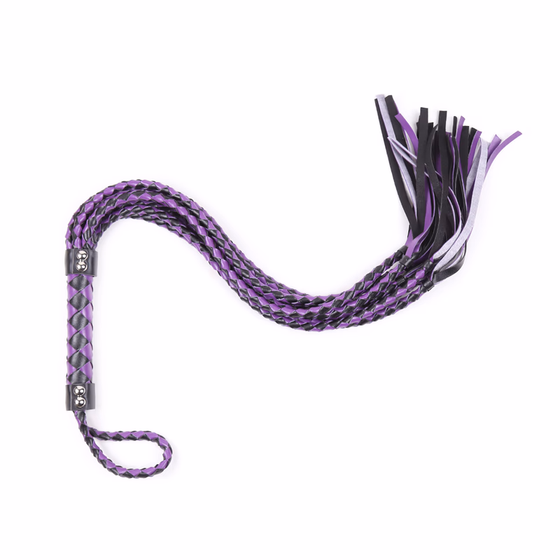 8-strand leather woven handle, black and purple whip