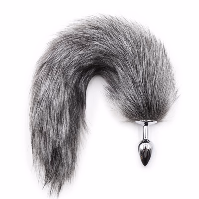 Gray artificial fox feathers + metal anal plug