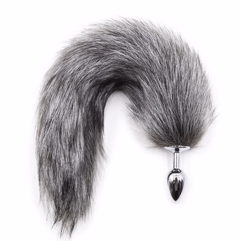 Gray artificial fox feathers + metal anal plug