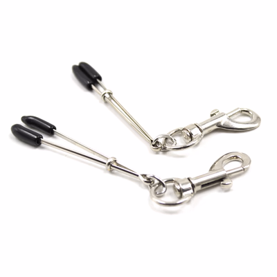 Long breast clamps with hooks and black rubber caps