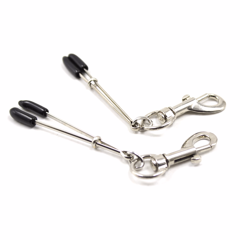 Long breast clamps with hooks and black rubber caps