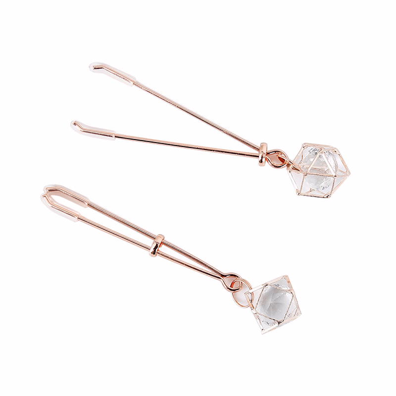Rose gold long breast clip with openwork rhinestones