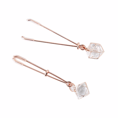 Rose gold long breast clip with openwork rhinestones