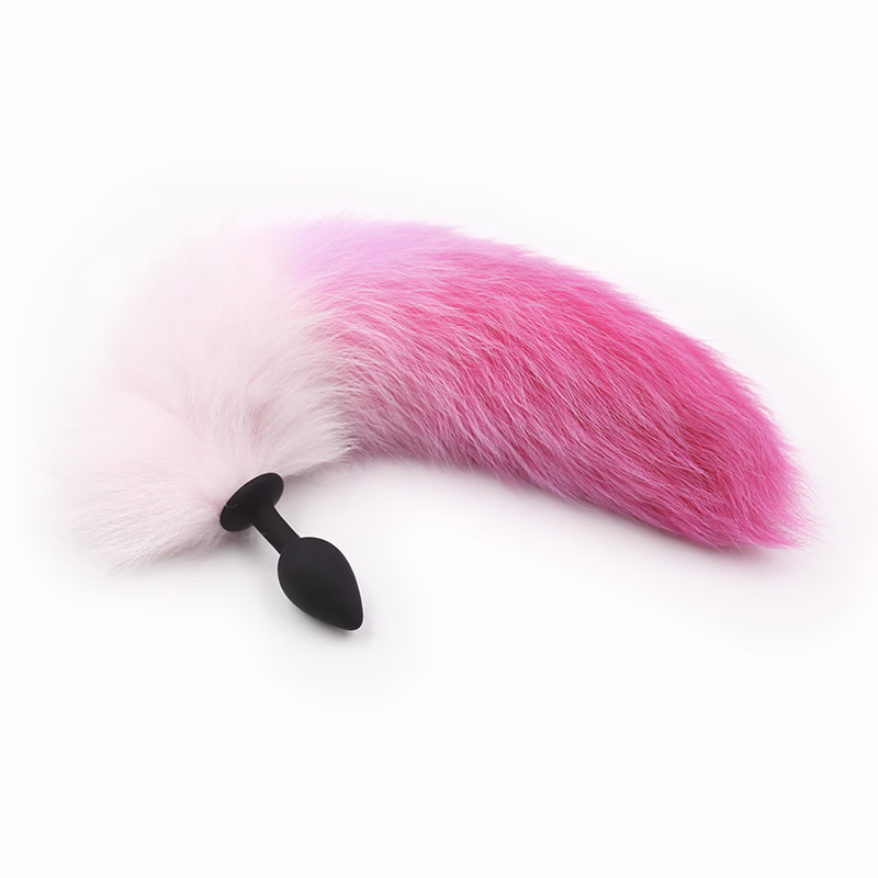 Black silicone anal plug - gradient rose-red artificial hair