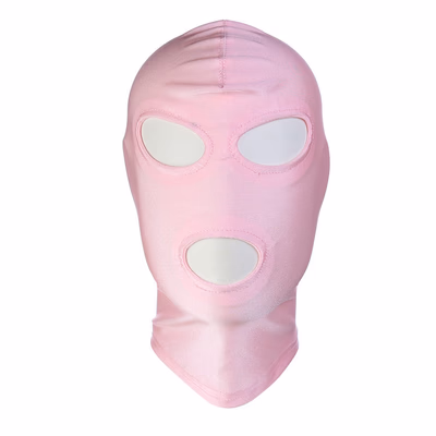 Pink stretch fabric headgear that exposes eyes and mouth