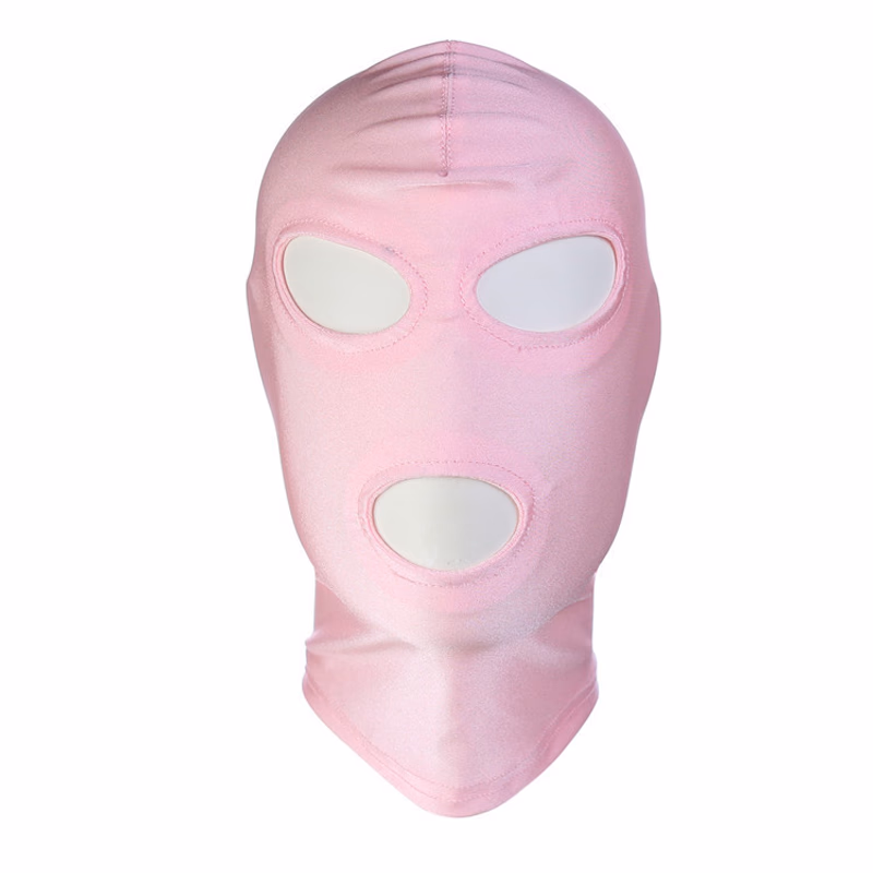 Pink stretch fabric headgear that exposes eyes and mouth