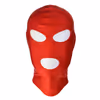Red elastic fabric headgear that exposes eyes and mouth
