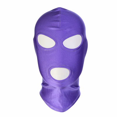 Purple elastic fabric headgear that exposes eyes and mouth