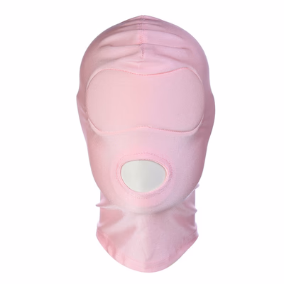 Pink stretch fabric headgear that exposes the mouth