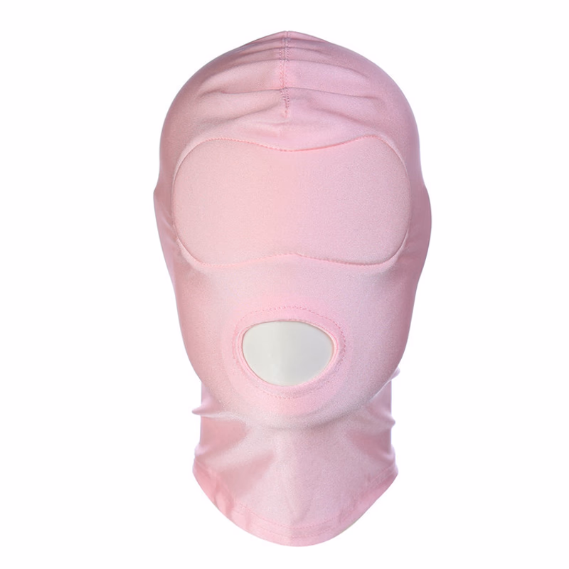 Pink stretch fabric headgear that exposes the mouth