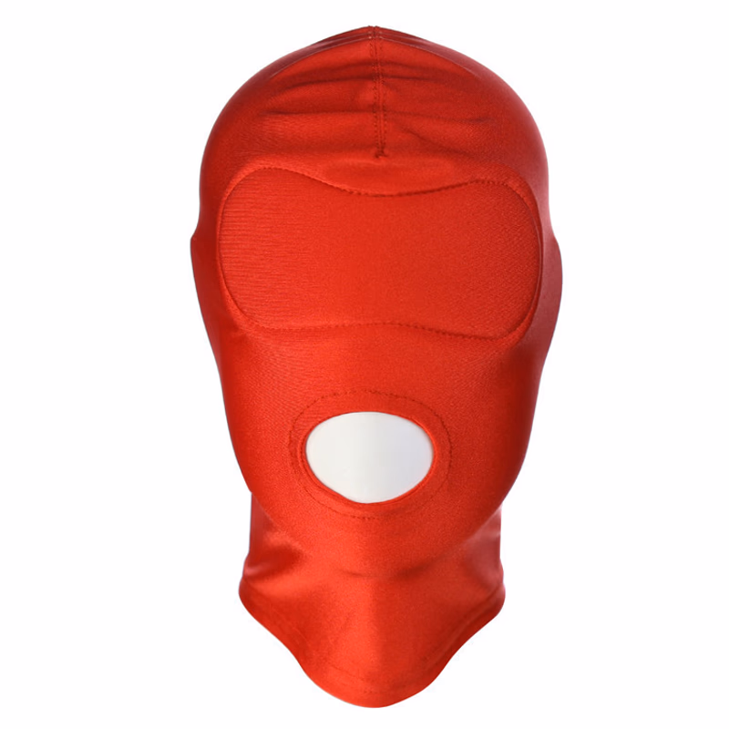 Red stretch fabric headgear that exposes the mouth