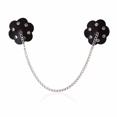 Petal-shaped leather nipple covers with chain