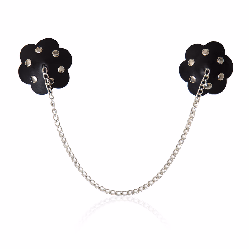 Petal-shaped leather nipple covers with chain
