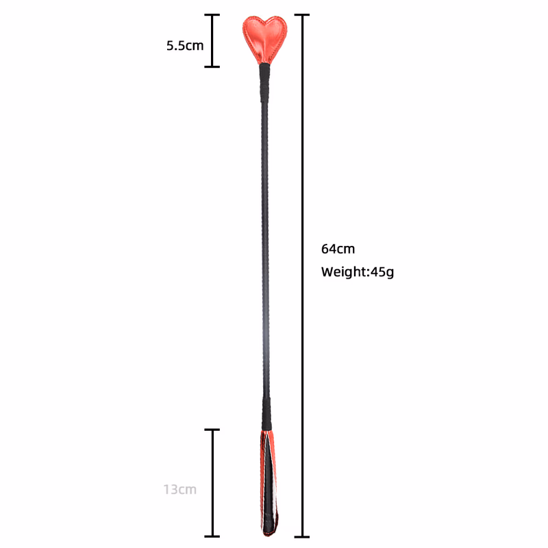 Red heart-shaped black wraparound handle, red leather whip
