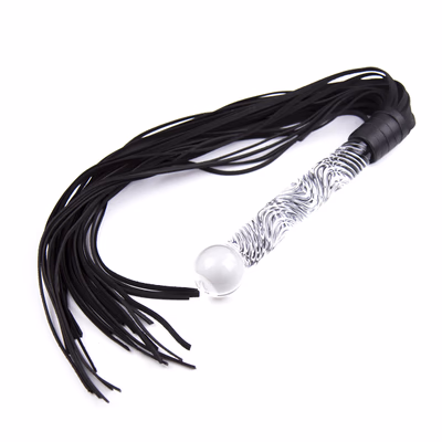 Black genuine leather whip with glass handle
