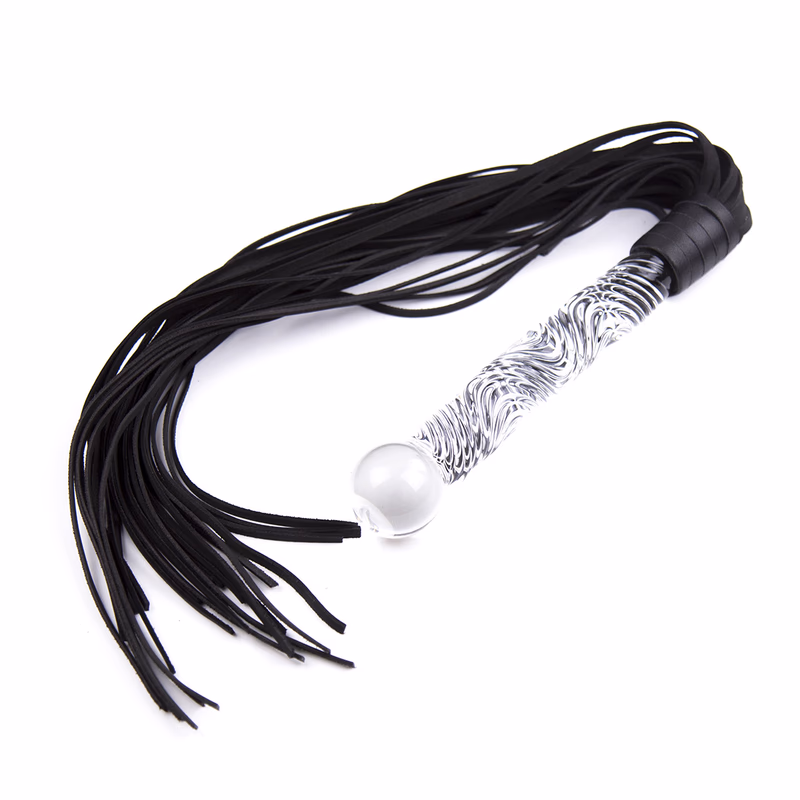 Black genuine leather whip with glass handle