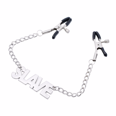 Chain nipple clamps with the letter SLAVE