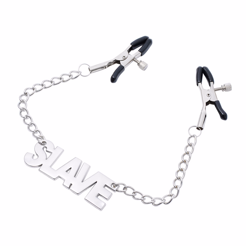 Chain nipple clamps with the letter SLAVE