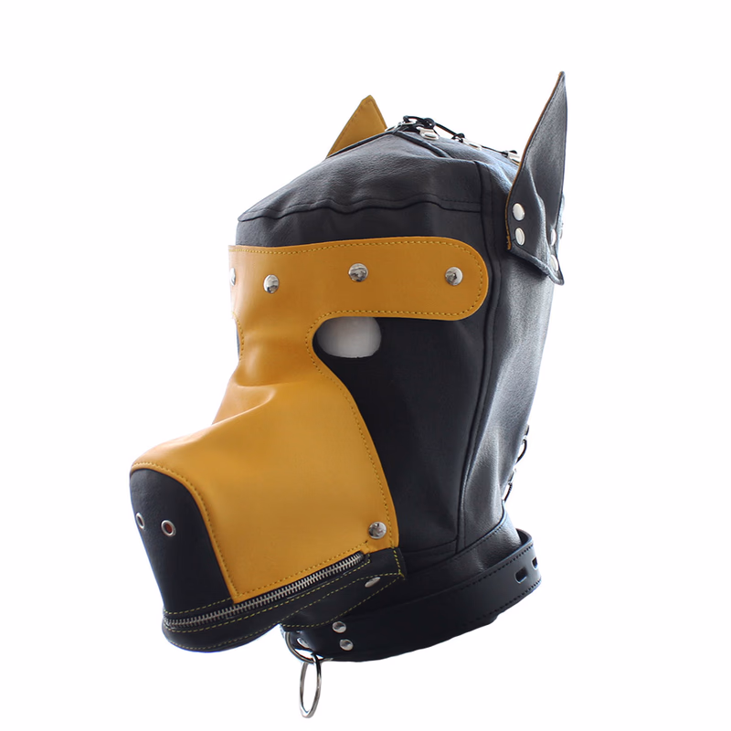 Yellow leather hooded dog head