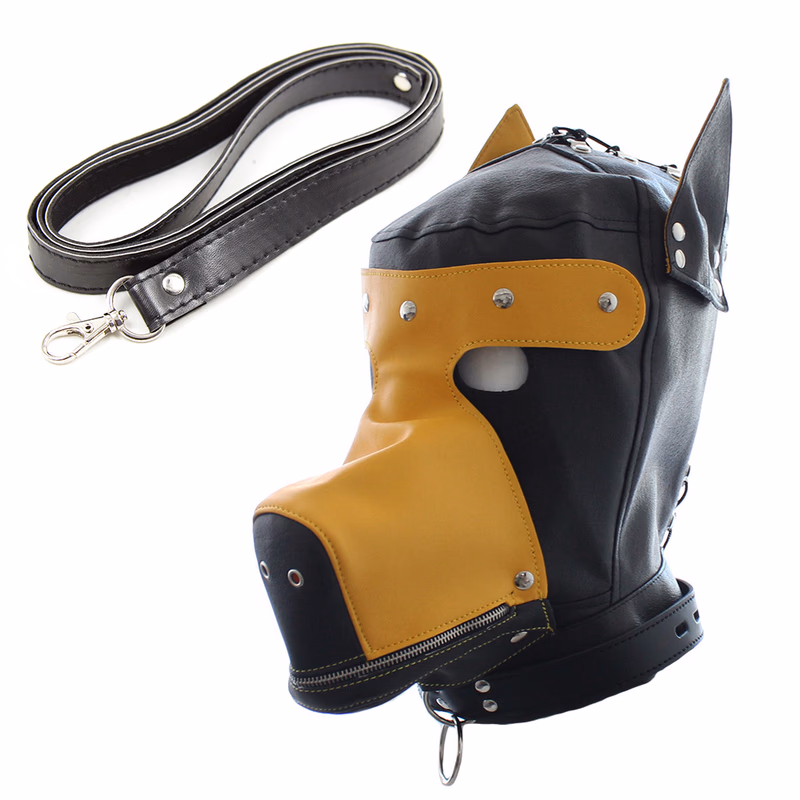 Yellow leather hooded dog headgear with leash