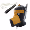 Yellow leather hooded dog headgear with leash
