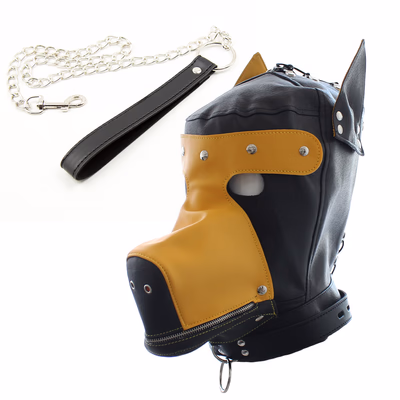 Yellow leather hooded dog headgear with leash