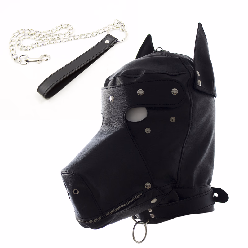 Black leather hooded dog headgear with leash