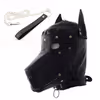 Black leather hooded dog headgear with leash